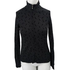 Ibex Merino Wool Full Zip Chevron Cardigan Mock Neck Sweater Size XS Black Gray
