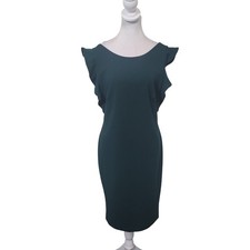 Calvin Klein Size 8 Sheath Dress Forest Green Ruffle Cap Sleeve Scoop Neck