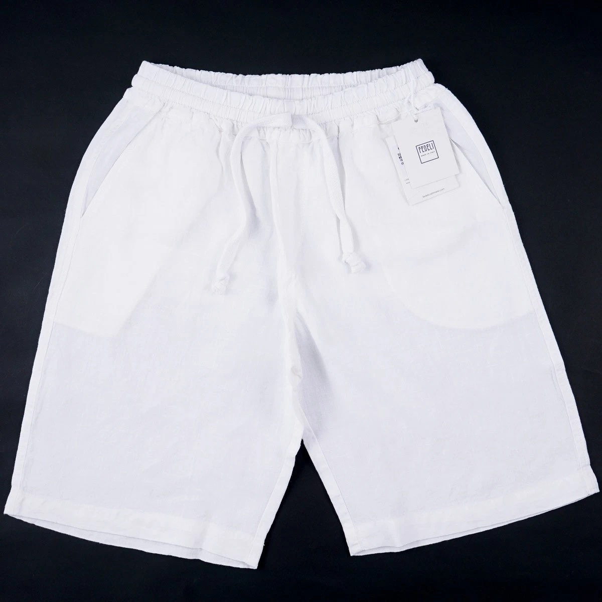 Fedeli 'Vico' White Garment-Washed Linen Drawstring Waist Shorts S (30-32) NWT
