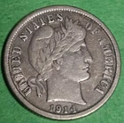 1914-D Barber Dime 90% Silver "Extra Fine" with Free Shipping
