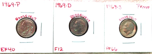 1969-P EXTRA FINE / 1969-D FINE / 1969-S PROOF ROOSEVELT DIMES