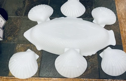 GLASBAKE White Milk Glass 18” Fish  Serving Platter & 6 Shell Dishes Vintage MCM