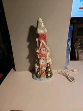 Vtg Christmas Ceramic Snow Covered 3 Story House With Turret LIGHT Colorful 
