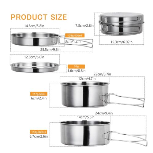 4PC Stainless Steel Camping Cookware Cooking Pot Set Hiking Picnic Pan Outdoor - Picture 5 of 12