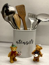 Kitchen Utensil Holder, Lg  6" W x 7" H Utensil Holder + 2 Teddy Bear Figurine