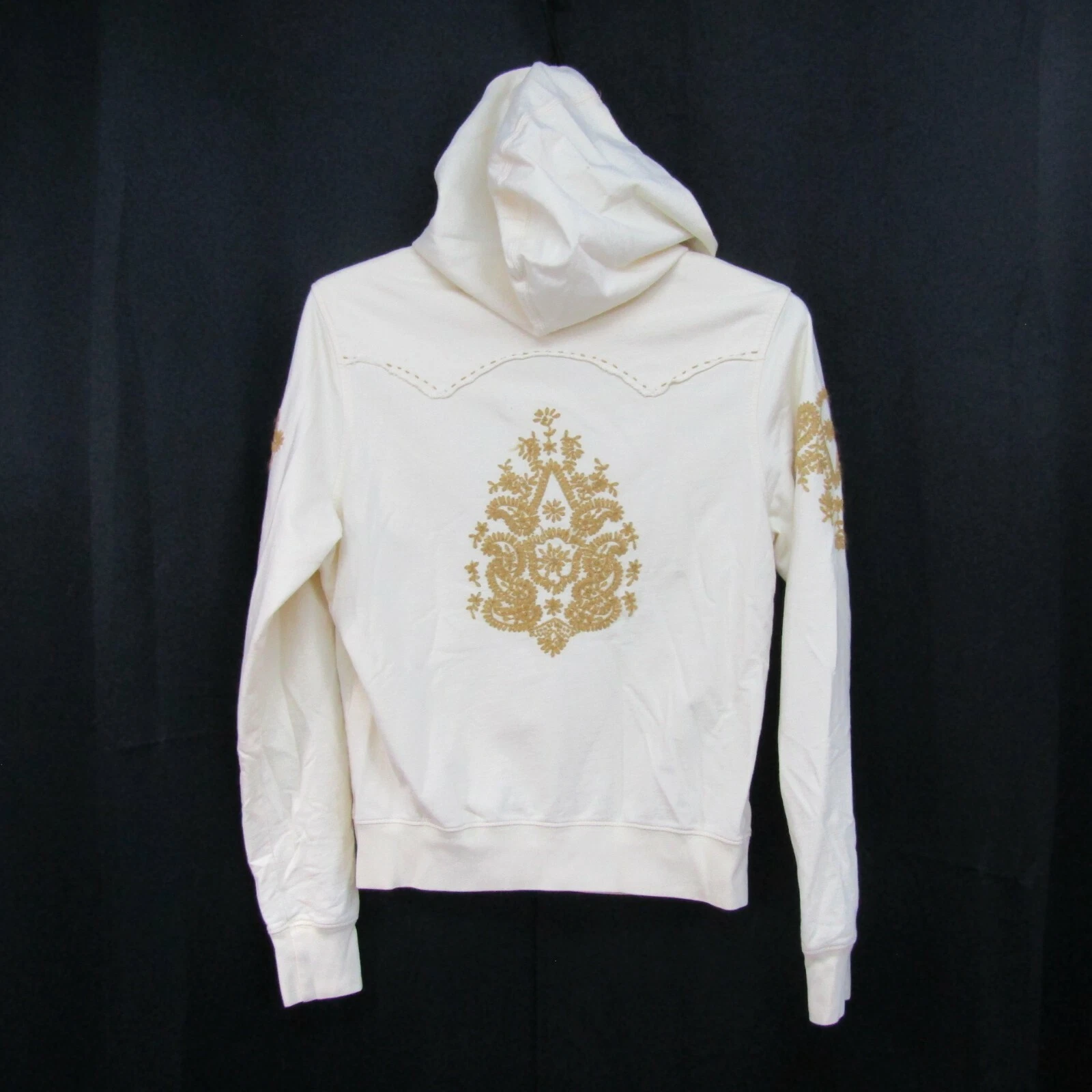 OFF WHITE Roper felpa con cappuccio donna grande avorio oro ricamo cuciture grezze full zip western