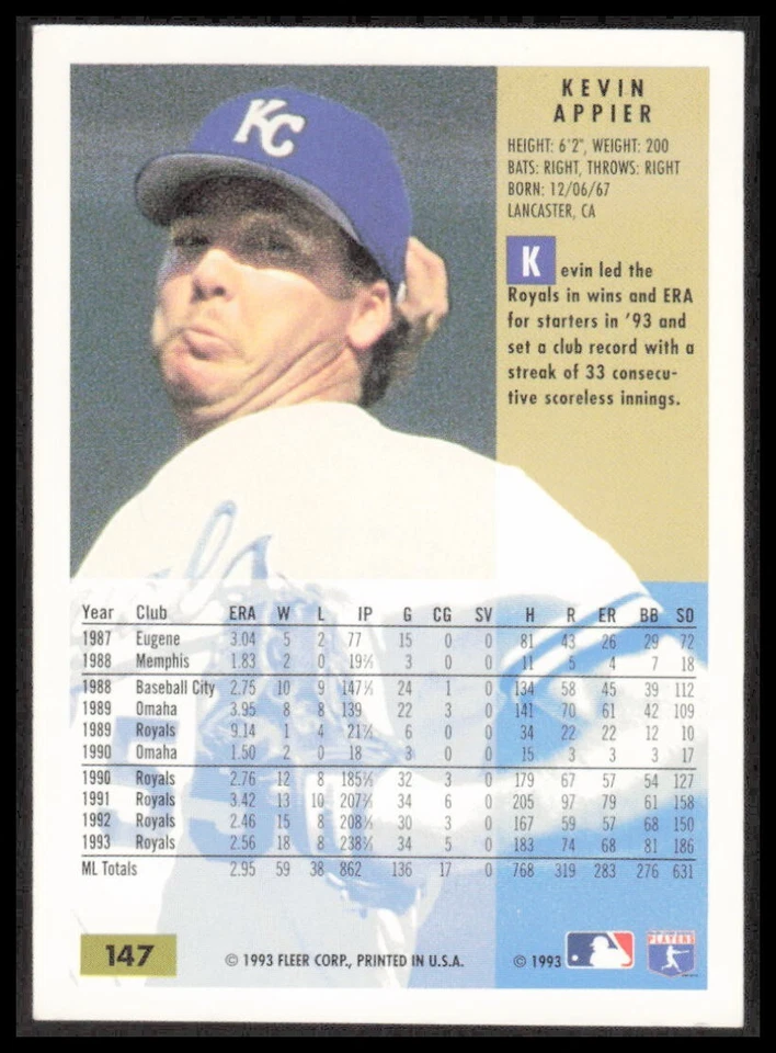 MLB 1994 Fleer Kansas City Royals Kevin Appier 147 Baseball Sport CB-1-1-A-28 - Image 2 of 4
