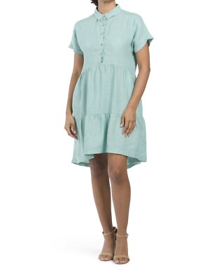 tahari 100 linen dress TAHARI 100%Linen Pockets Slits 47"Long Fitted Shirt Dress in Natural Color sz 16