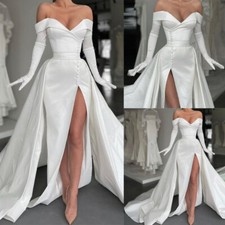 Satin Mermaid Off Shoulder Wedding Dresses with High Side Split LongSleeve Gowns