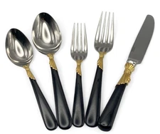 Yamazaki LINDI Stainless Black Handle Gold Flatware 5-pc Place Setting Neiman's