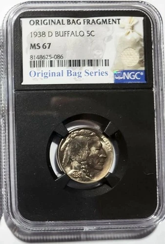 1938 D NGC MS67 RARE!!! BUFFALO NICKEL ORIGINAL BAG FRAGMENT 5C BLACK HOLDER