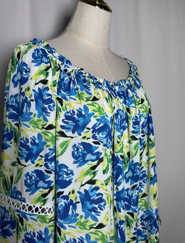 I.N. Studio Blouse Tunic Shirt Top 1X Women 3/4 Bell Sleeves Pleated Blue Yellow - Picture 4 of 15