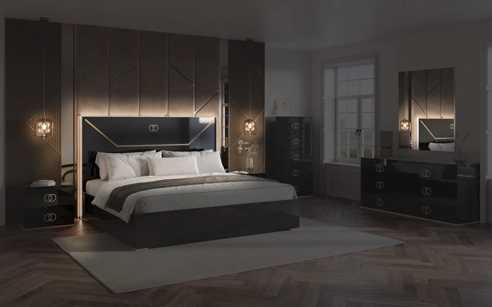 Modern Italian 5PC Gloss Black Gold LED Queen King Bedroom Set Vogue Bed/D/M/N/C - Image 2 of 4