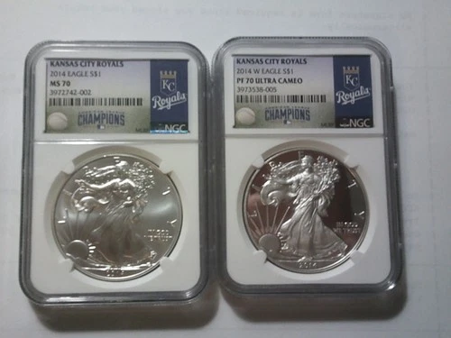 2014 Silver Eagle MS-70 and Proof 70 Kansas City Royals Label NGC