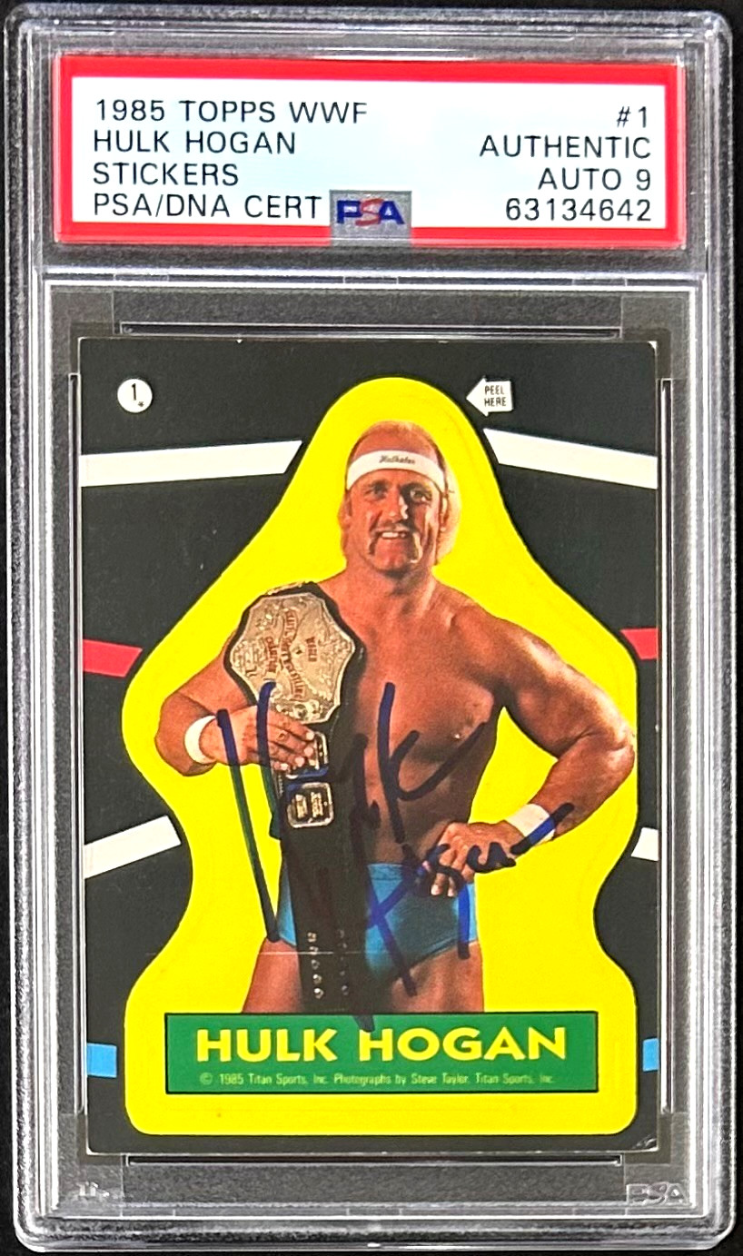 Hulk Hogan Signed 1985 Topps WWF Sticker Card #1 PSA/DNA Cert 63134642 Auto 9