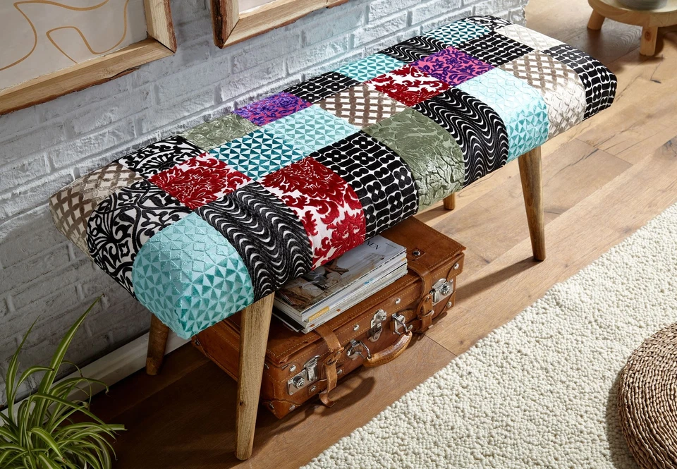 Sitzbank FineBuy Bettbank Samt 117 cm Patchwork Flurbank Polsterbank Bank Modern - Bild 4 von 4