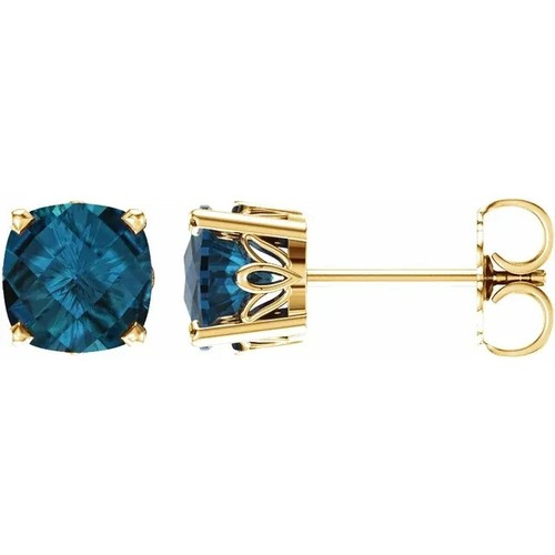 14K Solid Gold 6 x 6 mm Cushion Natural London Blue Topaz Earrings Bestseller