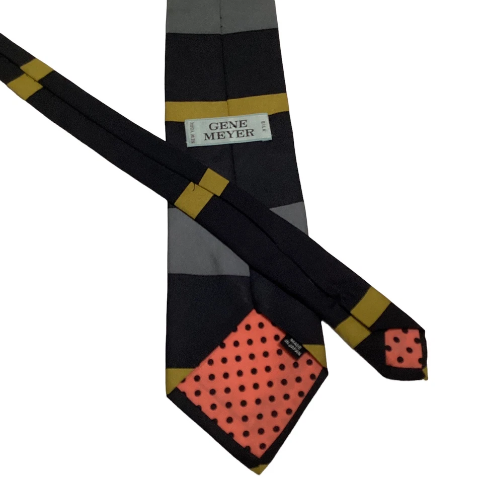 GENE MEYER Men's 100% Silk Necktie JAPAN Luxury Geometric Black/Gray/Gold GUC Foto 3 de 3