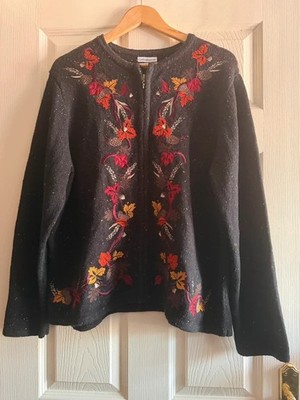 Croft & Barrow XL bestickte Herbstblätter Eichel Reißverschluss Strickjacke