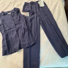 Vintage Jacqueline Ferrar 100% Linen Blue Button Front Vest Pants Set Deadstock