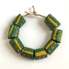 Venetian Fancy Lampwork Yellow Eye Green Glass Tubular African Trade Beads