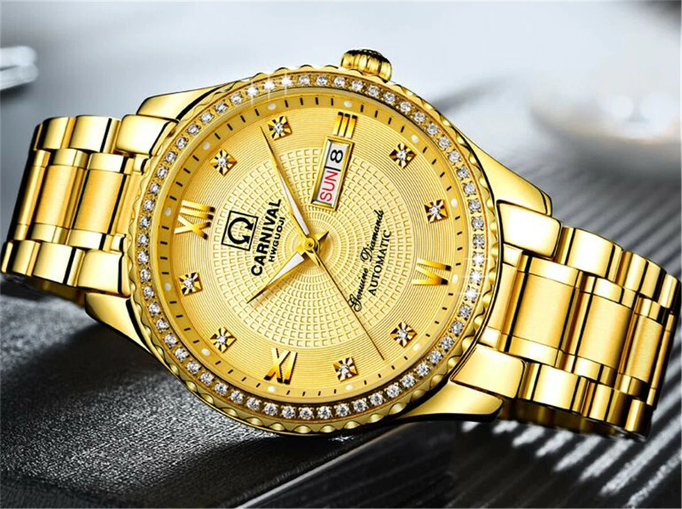 Reloj automático mecánico Carnival para hombre chapado en oro 25 joyas día lujo Foto 2 de 4