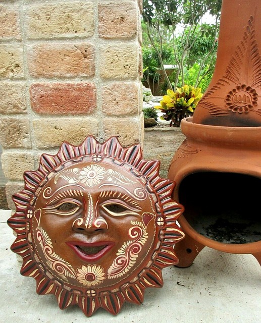 Mexican Art Painted Clay Terracotta Pottery Sun Figure Hanging Wall Art