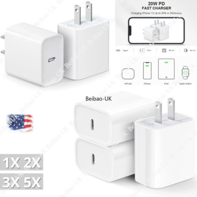 Bulk Lot 20W USB-C Adapter Fast Wall Charger PD Block For iPhone 17 16 15 14 13