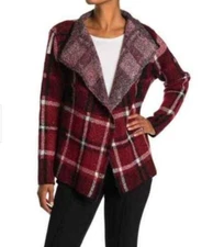 Joseph A Sz M Red Black Plaid Cardigan Sweater Jacket NWT $78 Open Front SOFT!!