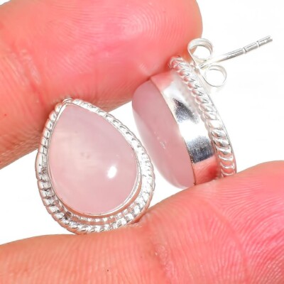 Rose Quartz Gemstone 925 Sterling Silver Jewelry Stud Earring Sz 0.75''