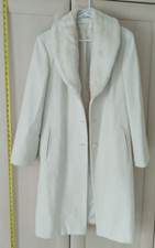 Bhs Ladies Winter White Long Coat With Artificial Fur Trim - Size Uk14 Eur42