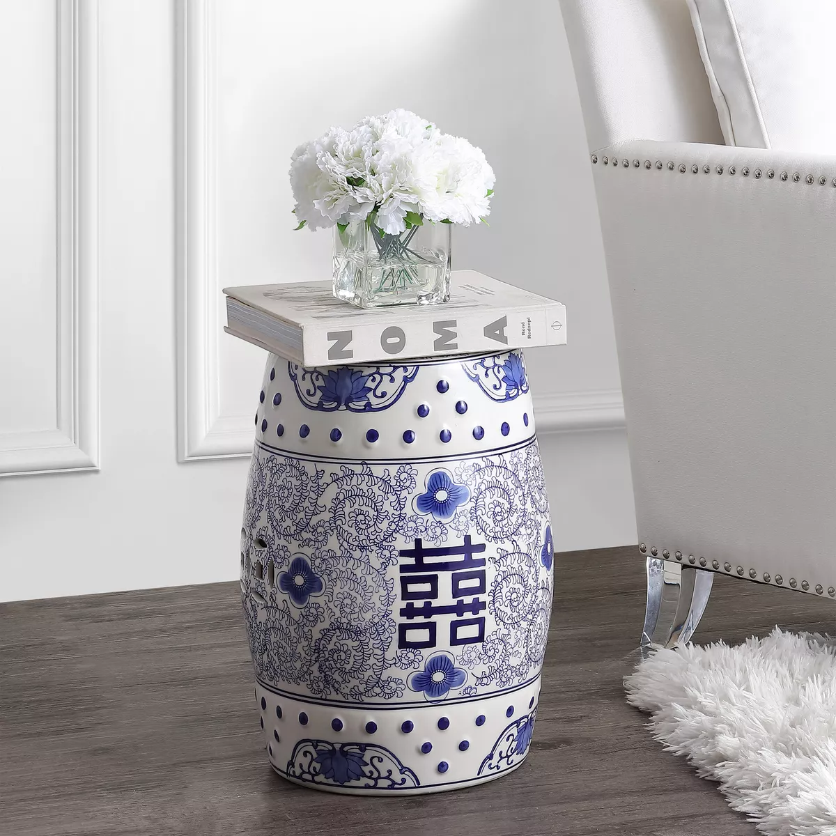 JONATAHAN Y Double Happiness Chinoiserie Ceramic Drum Garden Stool