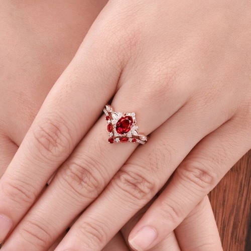 Exquisite Oval Cut Lab Created Ruby Rose Gold Plated on Silver Art Deco Ring Set - Picture 6 of 7