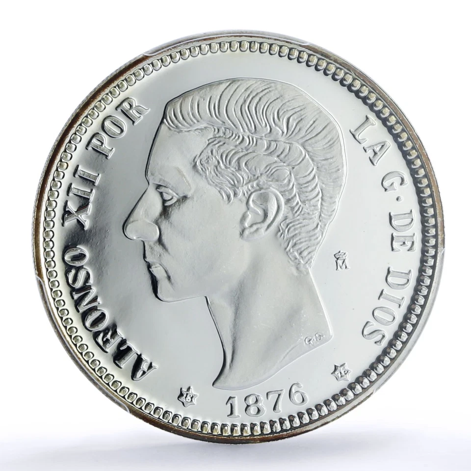 Серебряный жетон Испания Альфонсо XII 1 Peseta Restrike 1876 SP 69 PCGS 2020 - Изображение 3 из 4