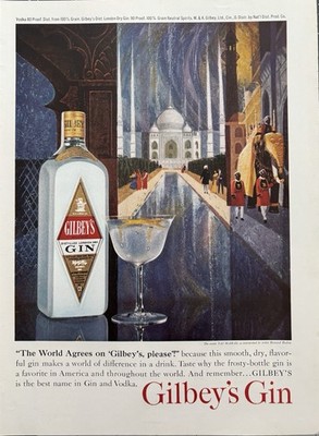 1963 Gilbey s Gin Original Vintage Advertisement Taj Mahal Koslow Print Ad