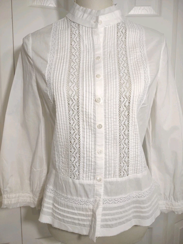 VINCE Victorian Style Pintuck Lace Cotton Button Front Top L - Image 3 of 4