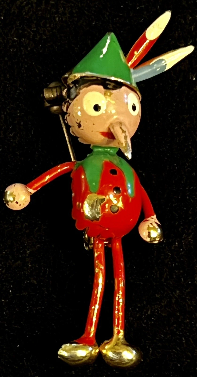 Vintage Pinocchio Enamel Painted on Metal Pencils in His Hat Brooch Pin Figurine