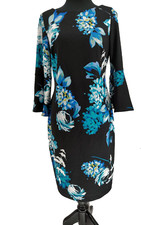 Calvin Klein Woman Black Blue Floral Sheath Dress Size 8 Bell Sleeve Expose Zip