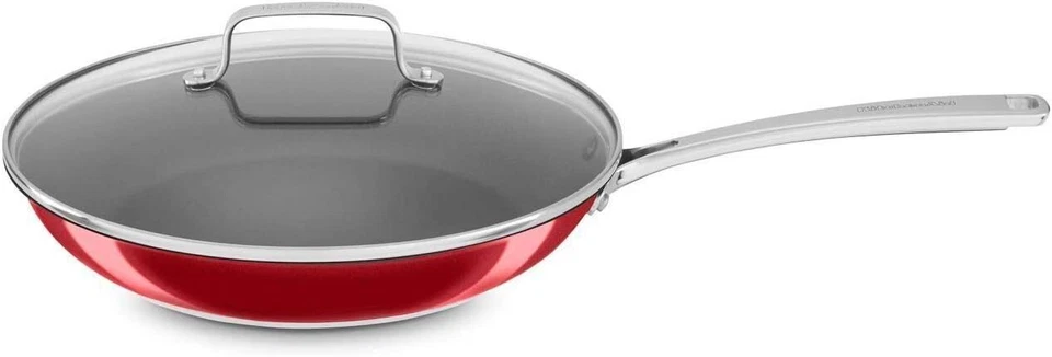 KitchenAid Stainless Steel 12 inch Nonstick Skillet Griddle with Glass Lid, Red