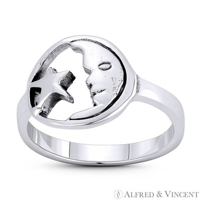 Wachsende Mondsichel Gesicht & Stern Mond Charm 925 Sterling Silber Rechtshänder Ring