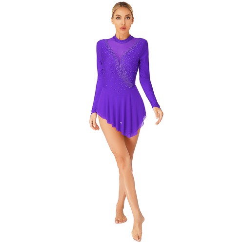 Women Shiny Rhinestone Ice Figure Skating Dress Long Sleeves Ballet Dance Dress - Picture 57 of 94