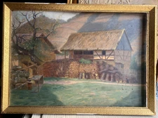 Oil painting autumn courtyard estate °illegible signed frame house alps antique