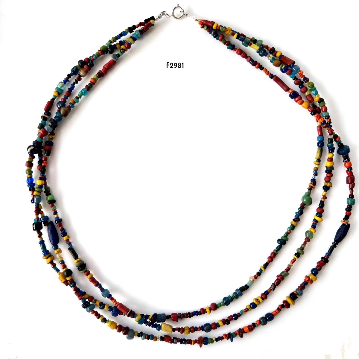 RARE ANCIENT MULTI-COLOR INDO-PACIFIC TRADE GLASS BEADS 3 LINE NECKLACE #F2981