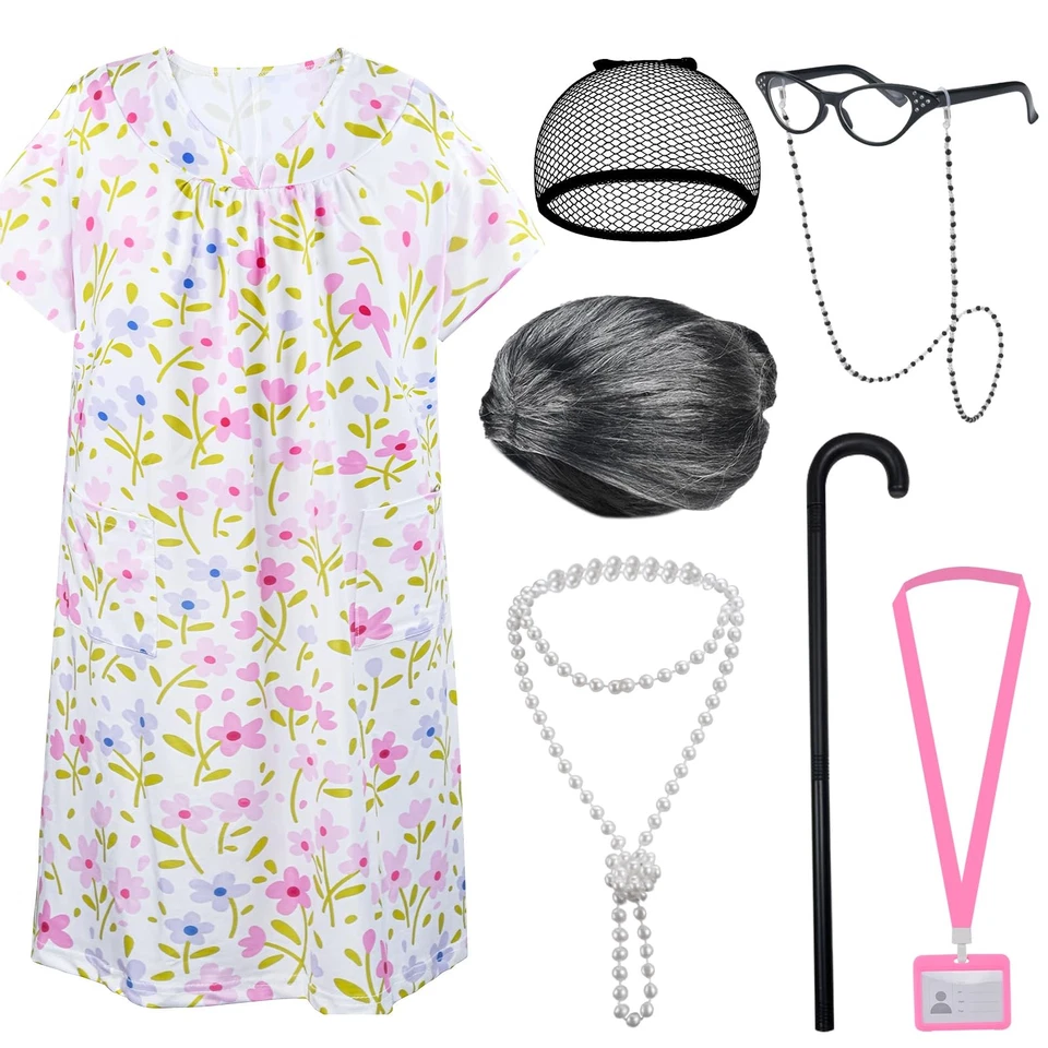 Disfraz de abuela peluca abuela vestido de abuela con accesorios para Halloween Foto 2 de 4