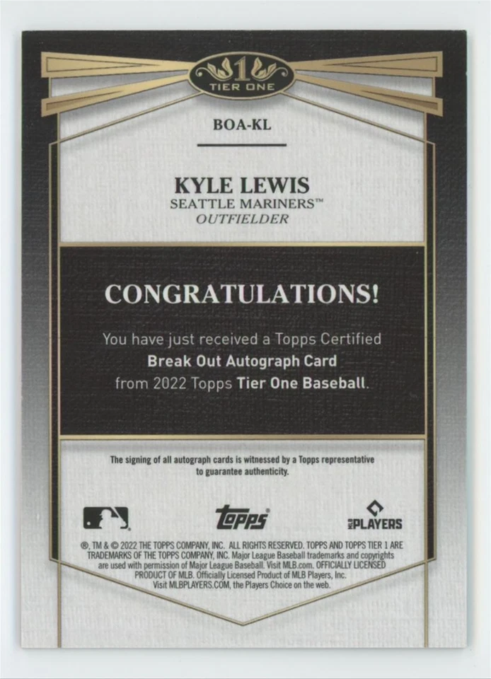 Kyle Lewis 2022 Topps Tier One Break Out Autographs Auto /199 #BOA-KL Seattle - Image 2 of 2
