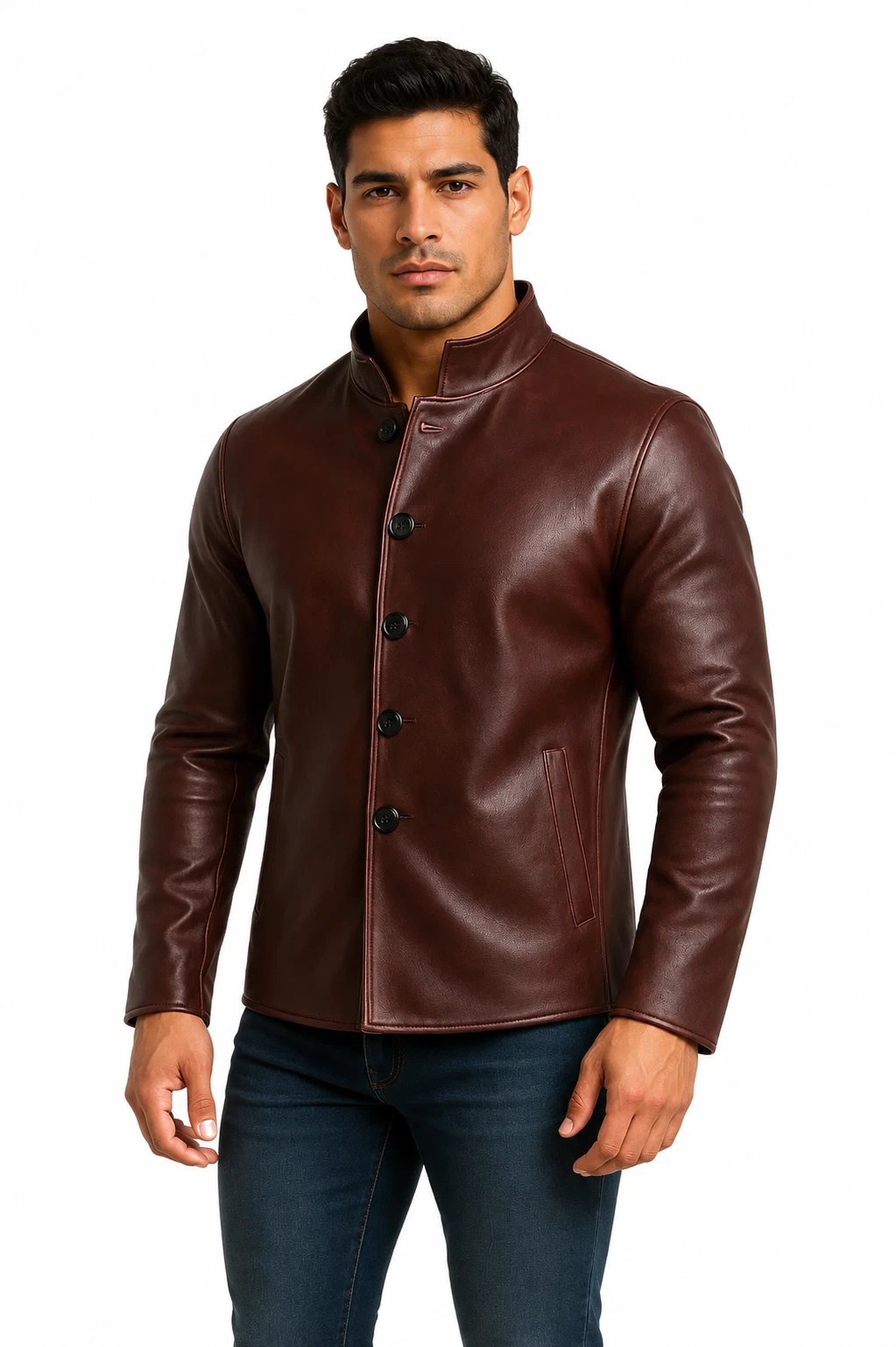 Men’s Leather Jacket Handmade Mandarin Collar 100% Genuine Sheep Leather Jacket