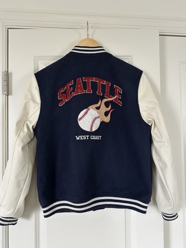 H&M Kids Bomber Jacket Boy 10-11 Buttoned Insulated Faux Leather Sleeve Varsity - Picture 3 of 3