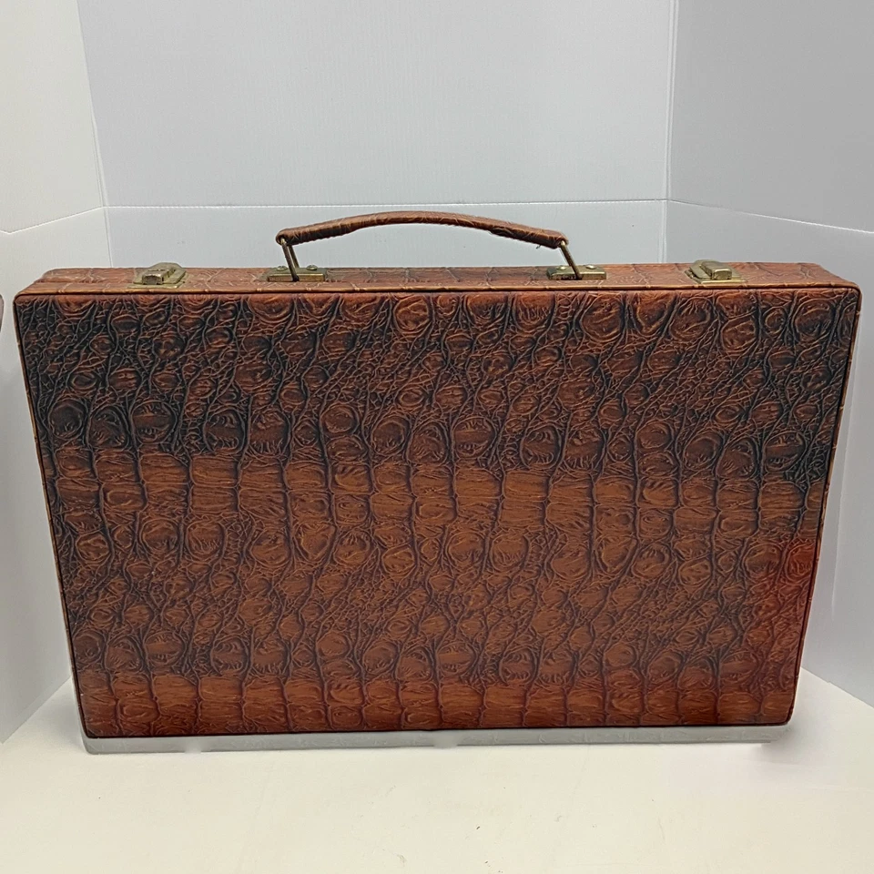 Vintage Faux Crocodile Skin Backgammon Set in Large Travel Case - Image 2 of 4