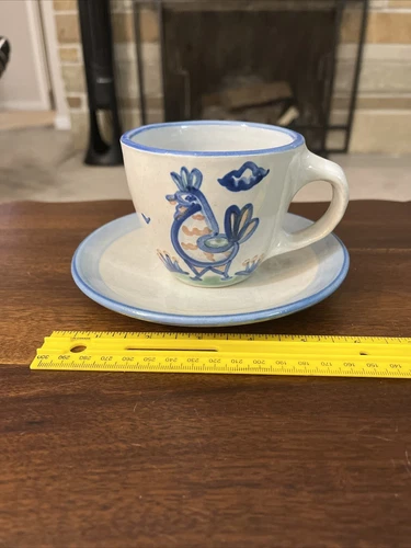 M A Hadley Pottery Hand Painted Folk Art Country Rooster/Chicken Teacup & Saucer