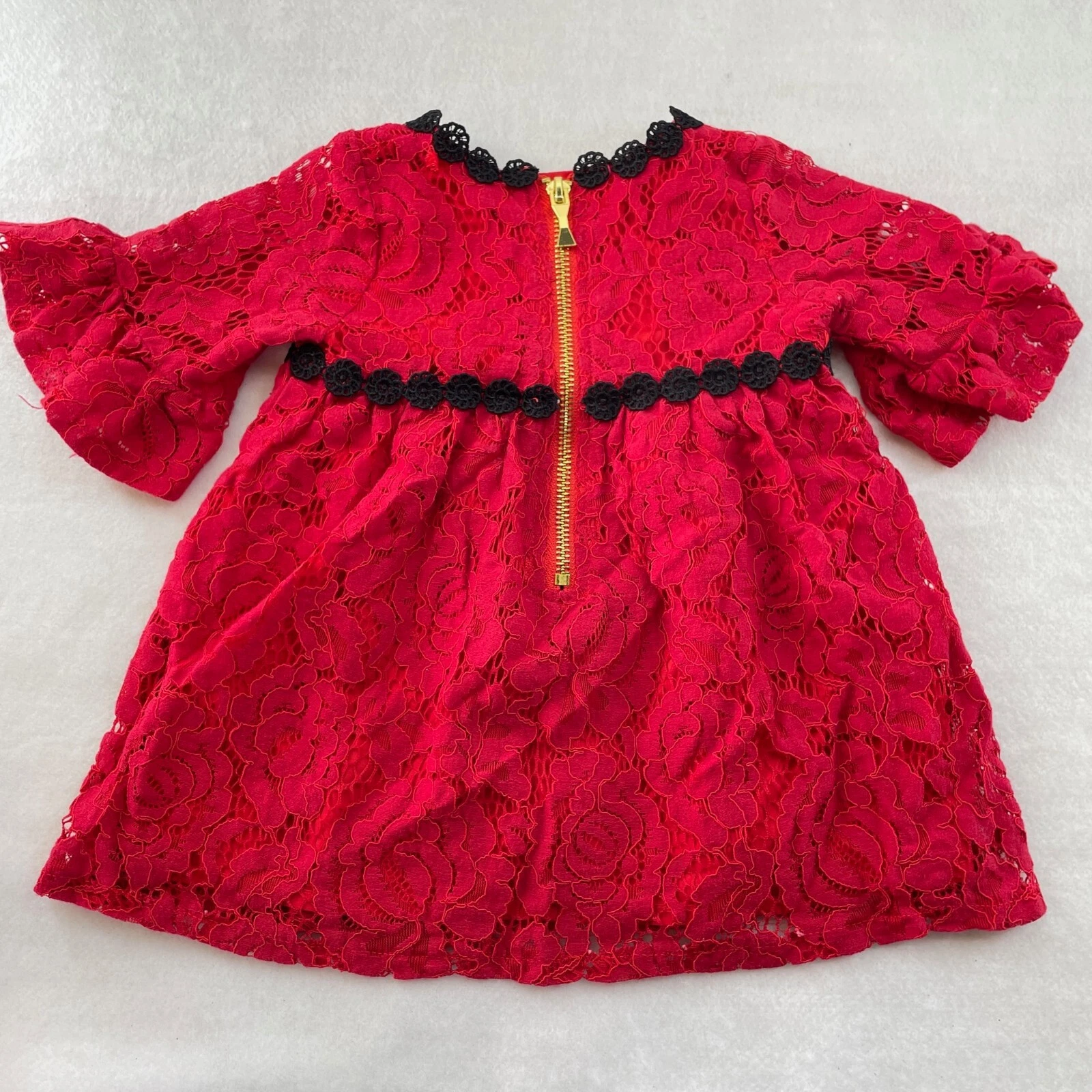 Abito bambino Kate Spade taglia 12 M rosso nero pizzo all'uncinetto maniche a campana 2 pezzi